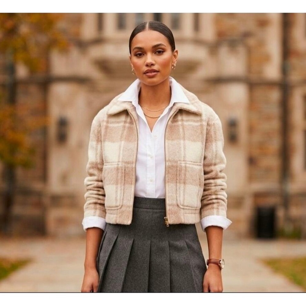 Banana Republic XXS Cropped Plaid Jacket NWT $140 Cream Beige Zip Shacket